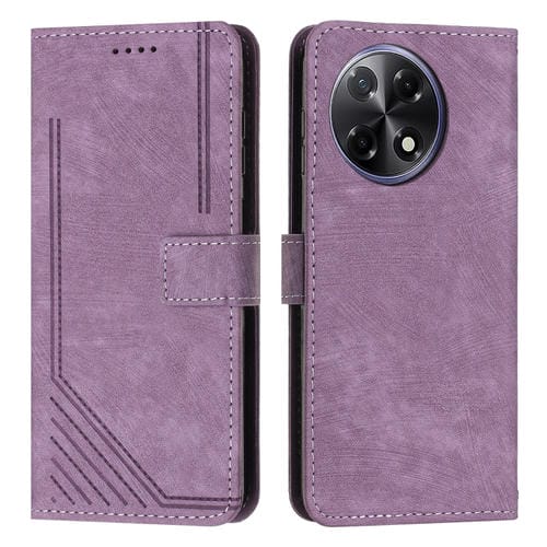Funda de Cuero para Tecno Camon 30S con Diseño de Rayas y Cordón Largo (Morado)