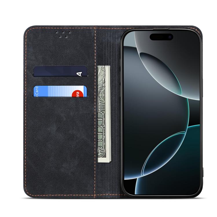 Funda de cuero con tapa y textura vaquera para Motorola Edge 60 Pro (negra)
