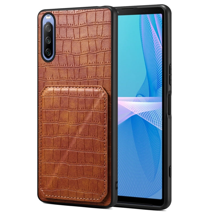 Funda Trasera Sony Xperia 10 IV Denior Piel Cocodrilo Imitación con Soporte (Marrón)