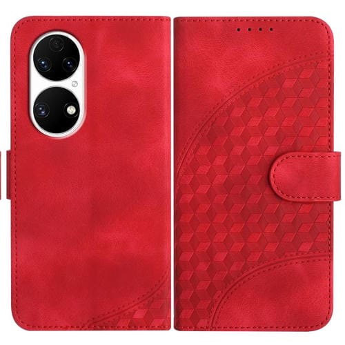 Funda de Cuero Huawei P50 con Relieve Cabeza de Elefante y Cordón (Rojo)