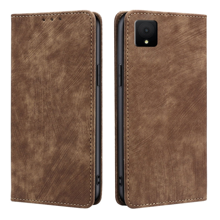 Funda de Cuero Magnética para Teléfono TCL 502 con Cepillo Antirrobo Rfid (Marrón)