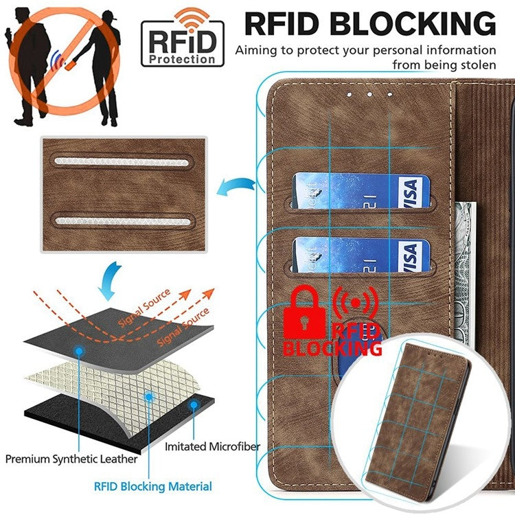 Funda de Cuero Magnética para Teléfono TCL 502 con Cepillo Antirrobo Rfid (Marrón)