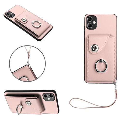 Funda para Teléfono Samsung Galaxy A04 4G de PU con Soporte para Anillo y Bolsa para Tarjeta con Cordón (Rosa)
