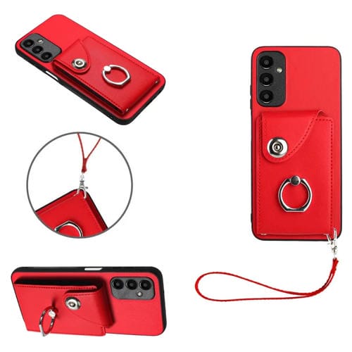 Funda para Teléfono Samsung Galaxy A24 4G de PU con Soporte para Anillo y Bolsa para Tarjeta con Cordón (Rojo)