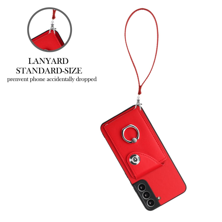 Bolsa para Tarjeta + Soporte para Anillo + Funda para Samsung Galaxy S21 FE 5G de PU con Cordón (Rojo)