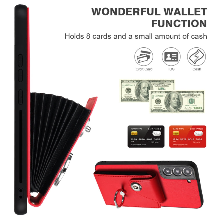 Bolsa para Tarjeta + Soporte para Anillo + Funda para Samsung Galaxy S21 FE 5G de PU con Cordón (Rojo)