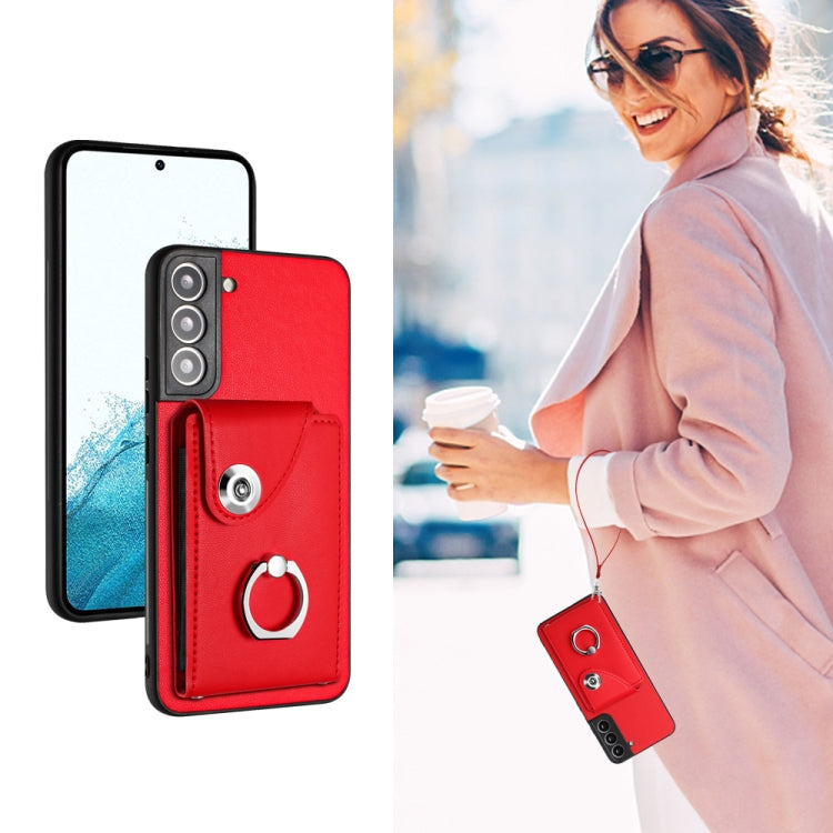 Bolsa para Tarjeta + Soporte para Anillo + Funda para Samsung Galaxy S21 FE 5G de PU con Cordón (Rojo)