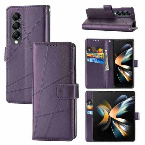 Funda para Teléfono Samsung Galaxy Z Fold3 PU con Línea en Relieve y Textura de Cuero Genuino (Púrpura)
