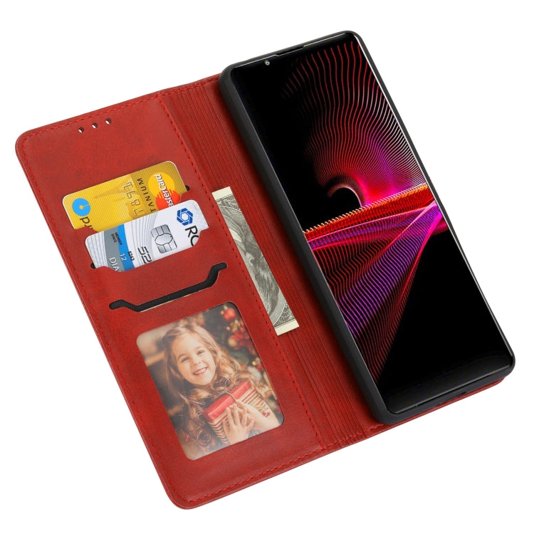 Funda de Cuero con Tapa para Sony Xperia 5 Vi Diseño Gato Feliz en Relieve (Rojo)