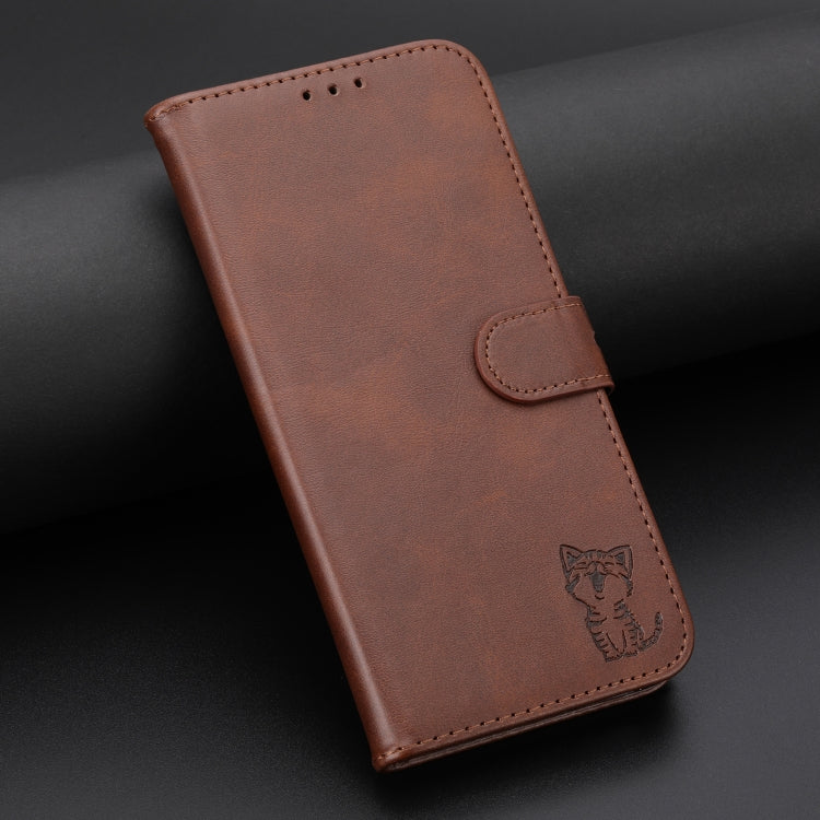 Funda de Cuero con Tapa para Sony Xperia 5 Vi Diseño Gato Feliz en Relieve (Marrón)