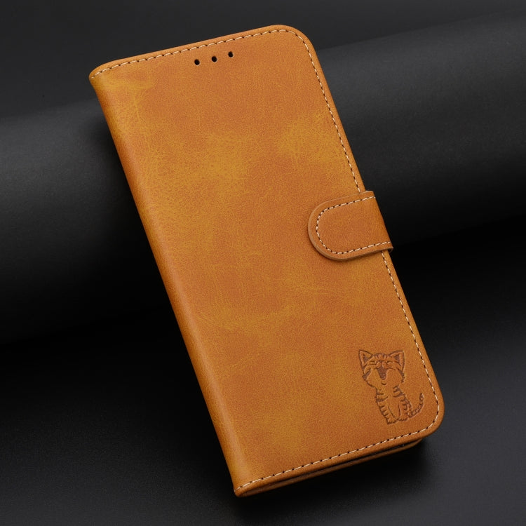 Funda de Cuero para Sony Xperia 5 Vi con Tapa y Diseño de Gato Feliz en Relieve (Amarilla)