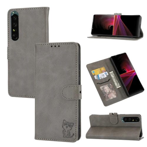 Funda de Cuero con Tapa para Sony Xperia 5 Vi Diseño de Gato En Relieve (Gris)