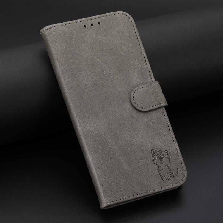 Funda de Cuero con Tapa para Sony Xperia 5 Vi Diseño de Gato En Relieve (Gris)