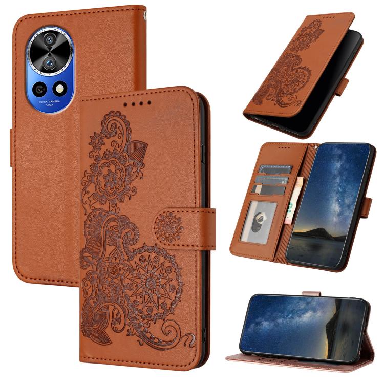 Funda de Cuero con Tapa y Relieve Flor de Datura para Huawei Nova 12 Pro/Nova 12 Ultra (Marrón)