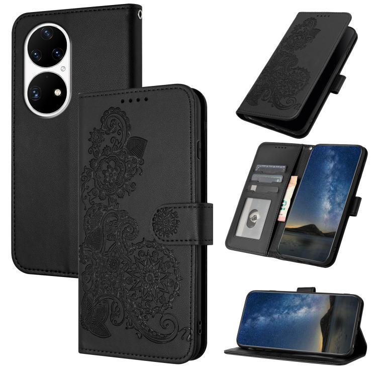Funda de Cuero con Tapa y Diseño Flor de Datura en Relieve para Huawei P50 Pro (Negra)