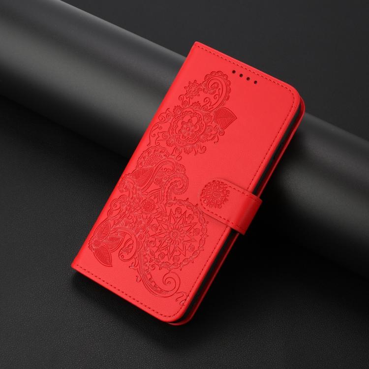Funda de Cuero con Tapa y Relieve Flor de Datura para Huawei Enjoy 50/Nova Y70 (Roja)