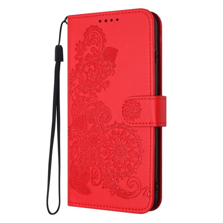 Funda de Cuero con Tapa y Relieve Flor de Datura para Huawei Enjoy 50/Nova Y70 (Roja)