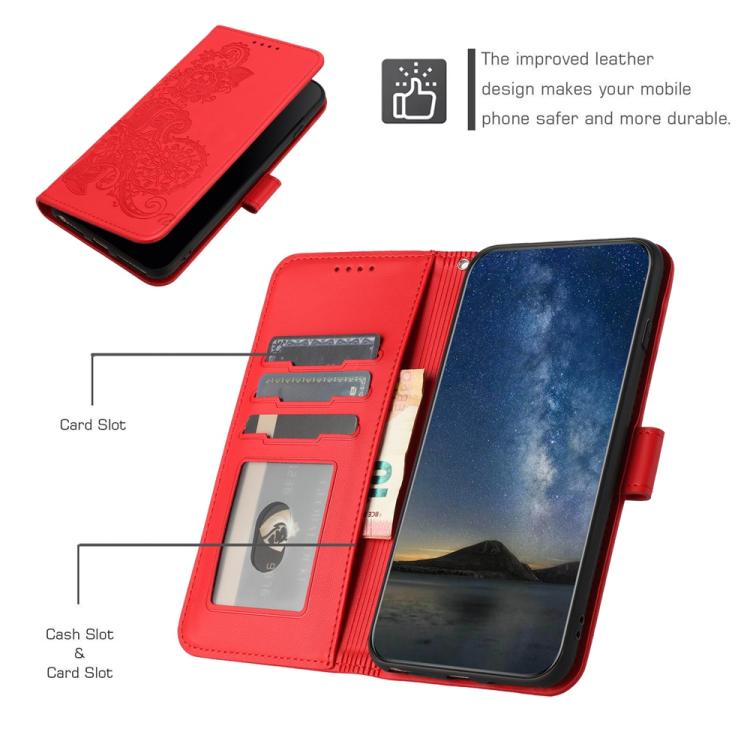 Funda de Cuero con Tapa y Relieve Flor de Datura para Huawei Enjoy 50/Nova Y70 (Roja)