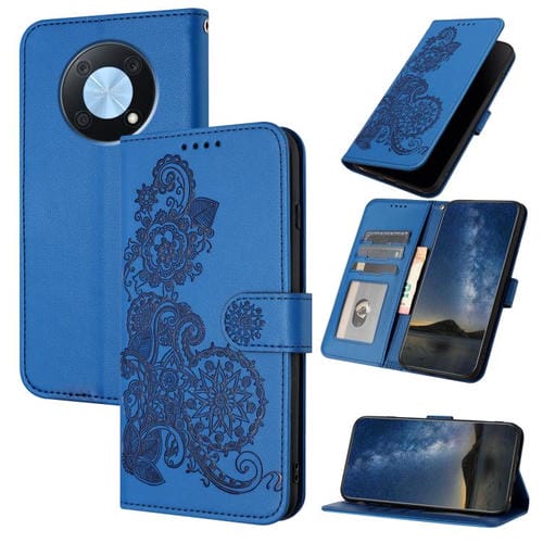 Funda de Cuero con Tapa y Relieve Flor de Datura para Huawei Enjoy 50 Pro/Nova Y90 (Azul)