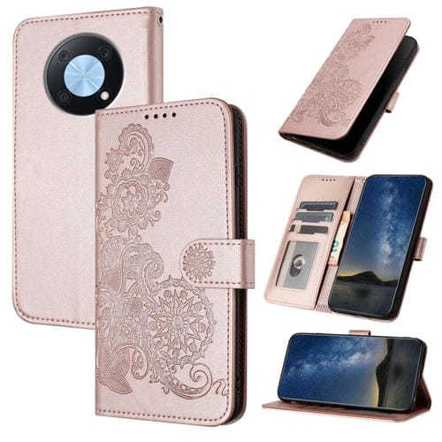 Funda de Cuero con Tapa y Relieve Flor de Datura para Huawei Enjoy 50 Pro/Nova Y90 (Oro Rosa)