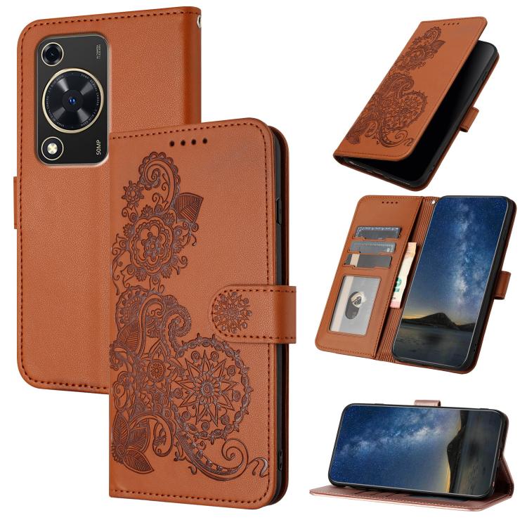 Funda de Cuero con Tapa y Relieve Flor de Datura para Huawei Nova Y72 (Marrón)