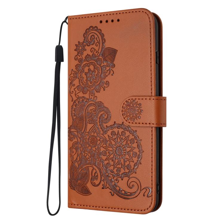 Funda de Cuero con Tapa y Relieve Flor de Datura para Huawei Nova Y72 (Marrón)