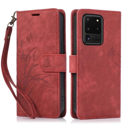 Funda de Cuero Samsung Galaxy S20 Ultra Orchid Butterfly En Relieve (Rojo)