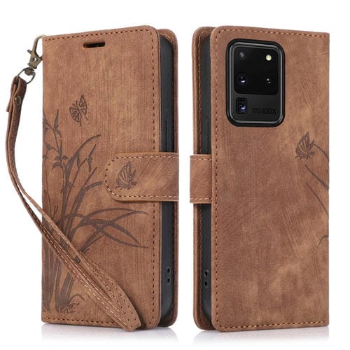 Funda de Cuero Samsung Galaxy S20 Ultra Orchid Butterfly En Relieve (Marrón)