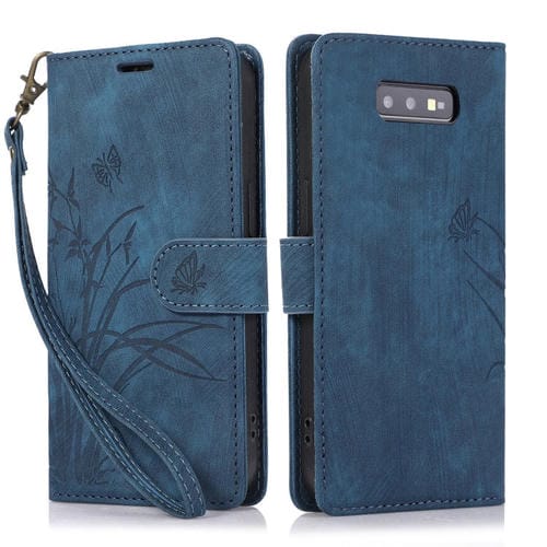 Funda para Teléfono Samsung Galaxy S10E Cuero con Relieve Mariposa Orquídea (Azul)