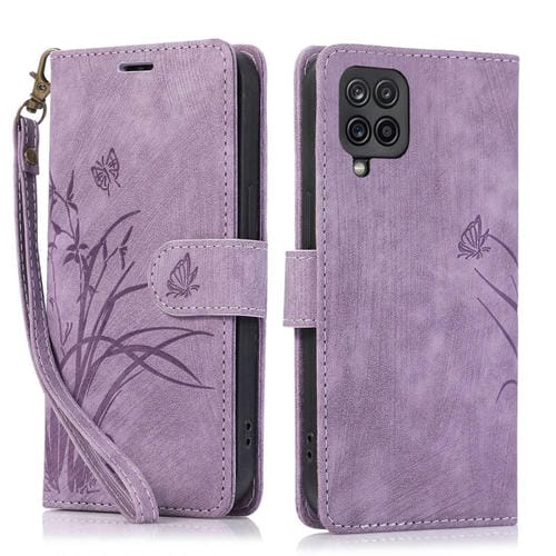 Funda para Teléfono Samsung Galaxy A12 M12 Cuero Relieve Mariposa Orquídea (Púrpura)