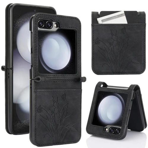 Funda para Teléfono Samsung Galaxy Z Flip5 Cuero con Relieve Mariposa Orquídea (Negro)