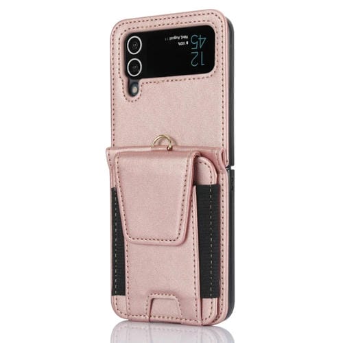 Estuche plegable para teléfono Samsung Galaxy Z Flip4 con ranuras para tarjetas y cordón largo (Oro Rosa)