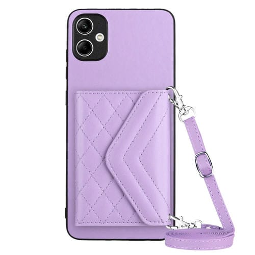 Funda para Teléfono Samsung Galaxy A05 4G con Bolsa para Tarjetas Rfid Textura Rómbica y Cordón Largo (Púrpura Claro)