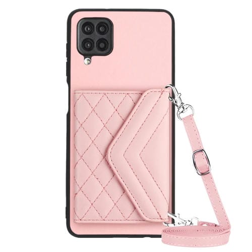 Estuche para Teléfono Samsung Galaxy A12 Rfid con Bolsa para Tarjetas Textura Rómbica y Cordón Largo (Oro Rosa)