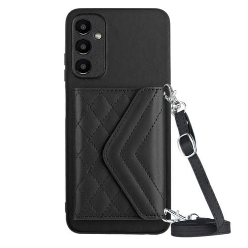 Funda para Teléfono Samsung Galaxy A14 5G Rfid con Bolsa para Tarjetas Textura Rómbica y Cordón Largo (Negro)
