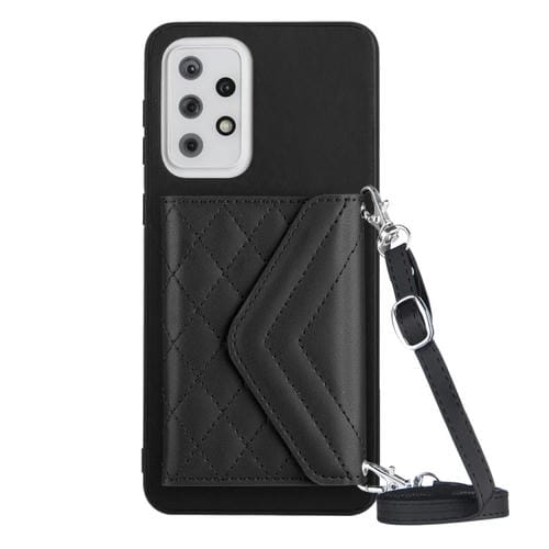Funda para Teléfono Samsung Galaxy A33 5G con Bolsa para Tarjetas Rfid Textura Rómbica y Cordón Largo (Negro)