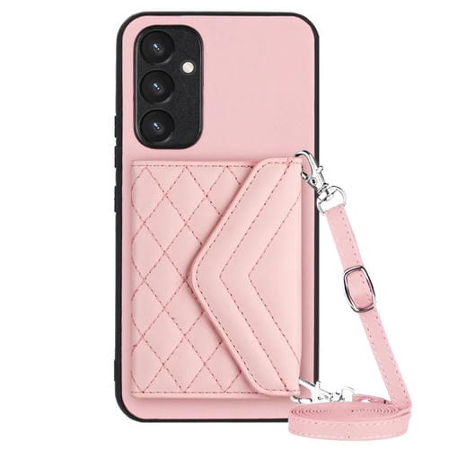Funda para Teléfono Samsung Galaxy A34 5G Rfid con Bolsa para Tarjetas Textura Rómbica y Cordón Largo (Oro Rosa)