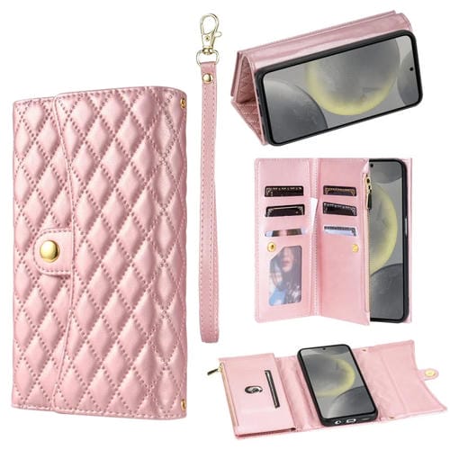 Funda para Teléfono Samsung Galaxy S21 5G con Billetera Múltiples Tarjetas Cremallera Cuero Rómbico (Oro Rosa)