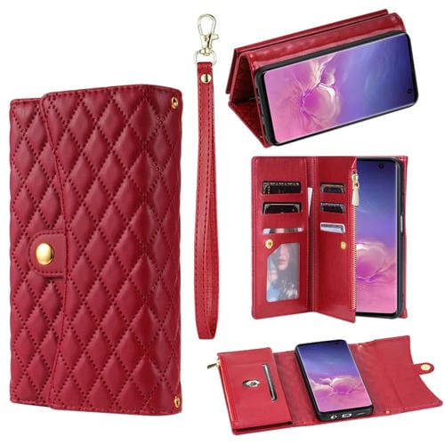 Estuche para Teléfono Samsung Galaxy S10 Cuero Rómbico Billetera MultiTarjeta con Cremallera (Rojo)