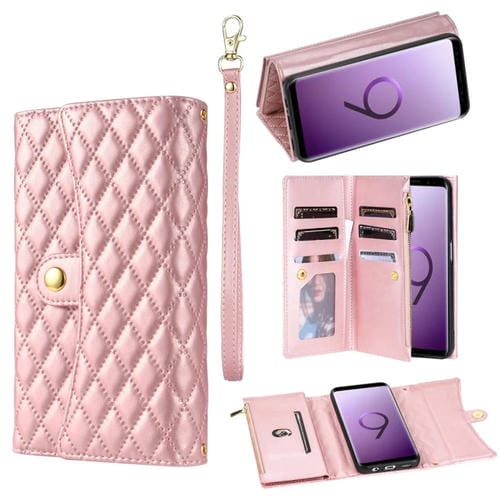 Estuche para teléfono Samsung Galaxy S9 con billetera de múltiples tarjetas y cremallera (Oro Rosa)