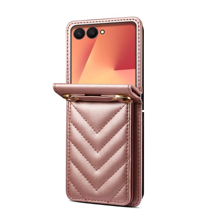 Funda de cuero plegable rómbica con cordón largo para Samsung Galaxy Z Flip7 5G (oro rosa)