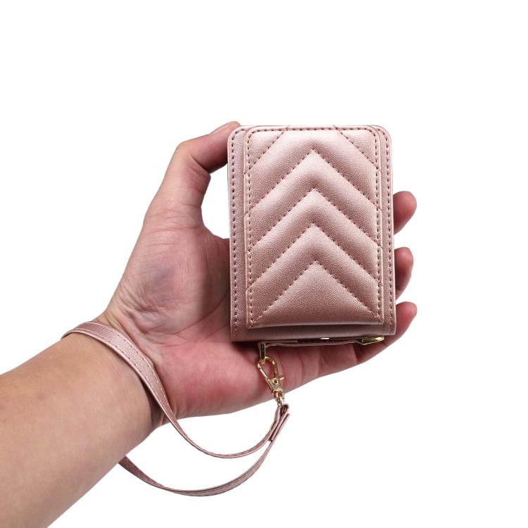Funda de cuero plegable rómbica con cordón largo para Samsung Galaxy Z Flip7 5G (oro rosa)