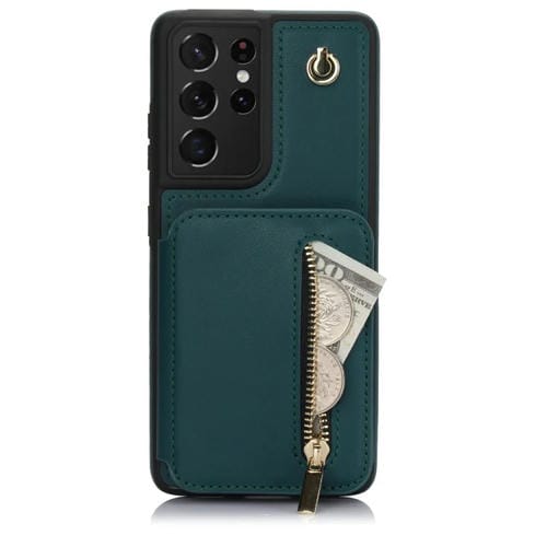 Estuche para Teléfono Samsung Galaxy S21 Ultra 5G Ym006 con Bolsa para Tarjetas Cremallera y Cordón Doble (Verde)