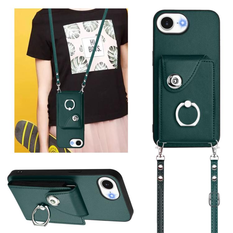 Funda para iPhone 16e con tarjetero, anilla y cordón largo (verde)
