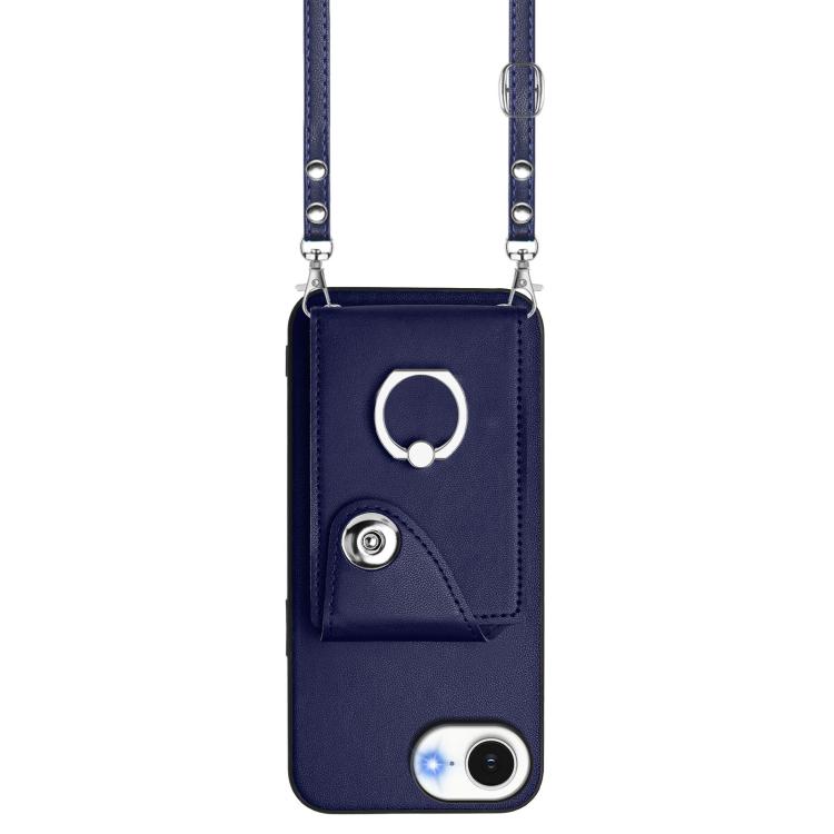 Funda para iPhone 16e con tarjetero, anillo y cordón largo (azul)
