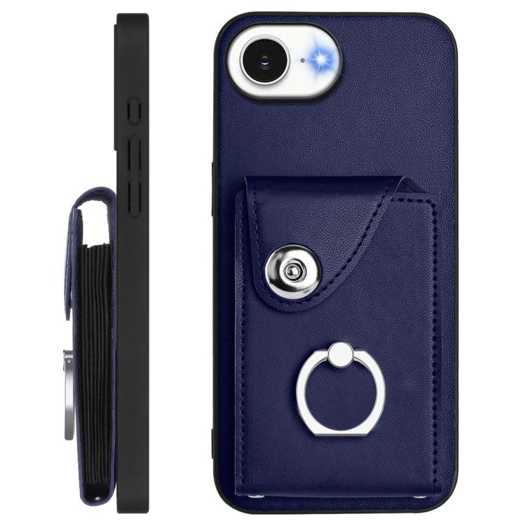 Funda para iPhone 16e con tarjetero, anillo y cordón largo (azul)