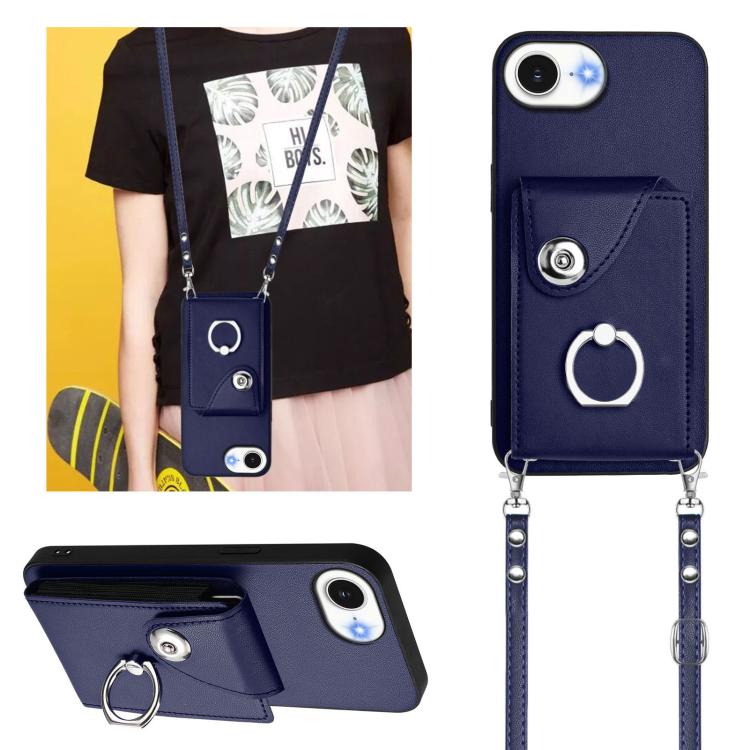 Funda para iPhone 16e con tarjetero, anillo y cordón largo (azul)