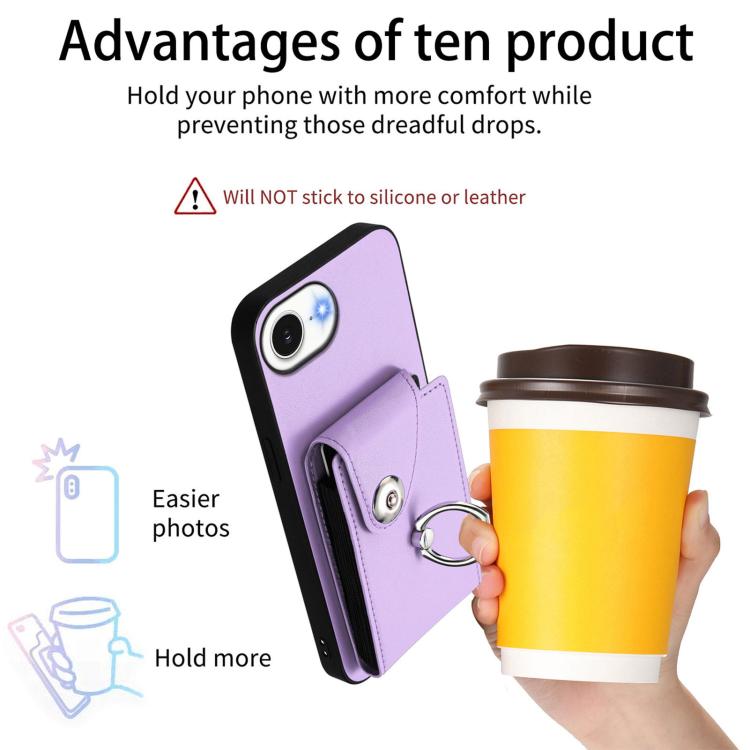 Funda para iPhone 16e con tarjetero, anillo y cordón largo (morado)