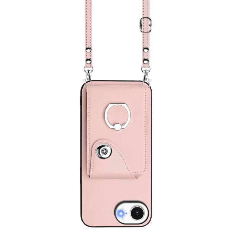 Funda para iPhone 16e con tarjetero, anilla y cordón largo (rosa)