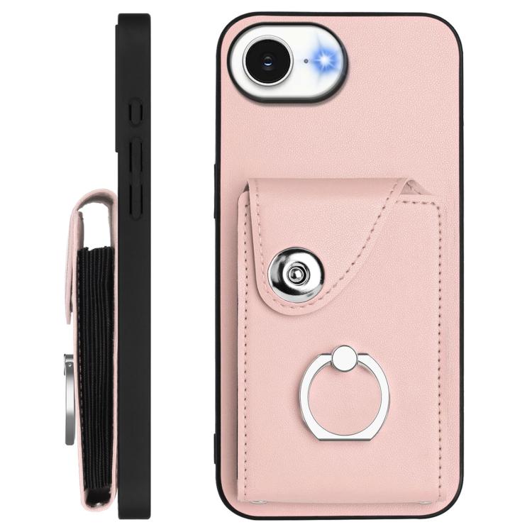 Funda para iPhone 16e con tarjetero, anilla y cordón largo (rosa)
